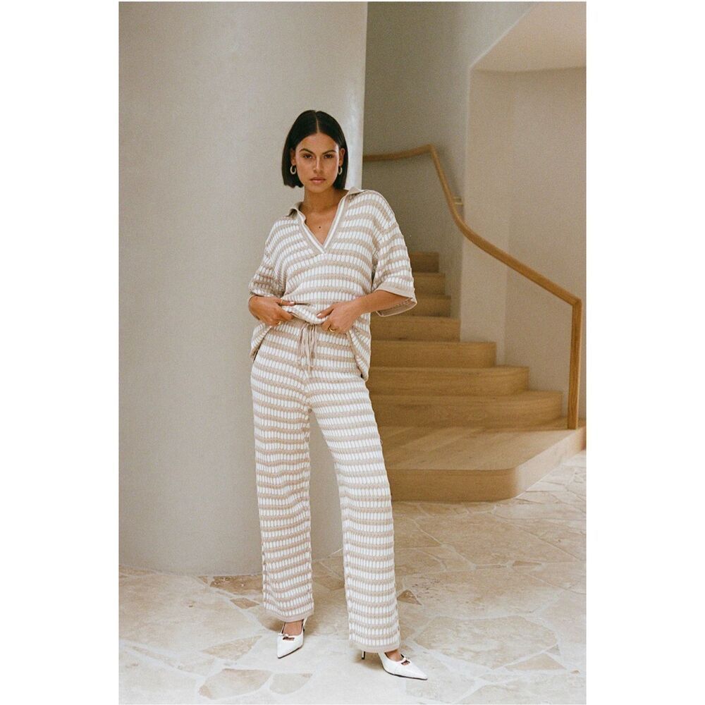 *NWOT* Wide-Leg Striped Knit Pants in Cream and Tan